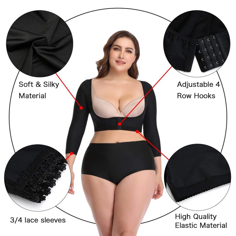 woahee Women's Arm Shaper Plus Size Arm Faja Compression Sleeve Garment Post Surgical Arm Shapewear Black Medium - Image 3